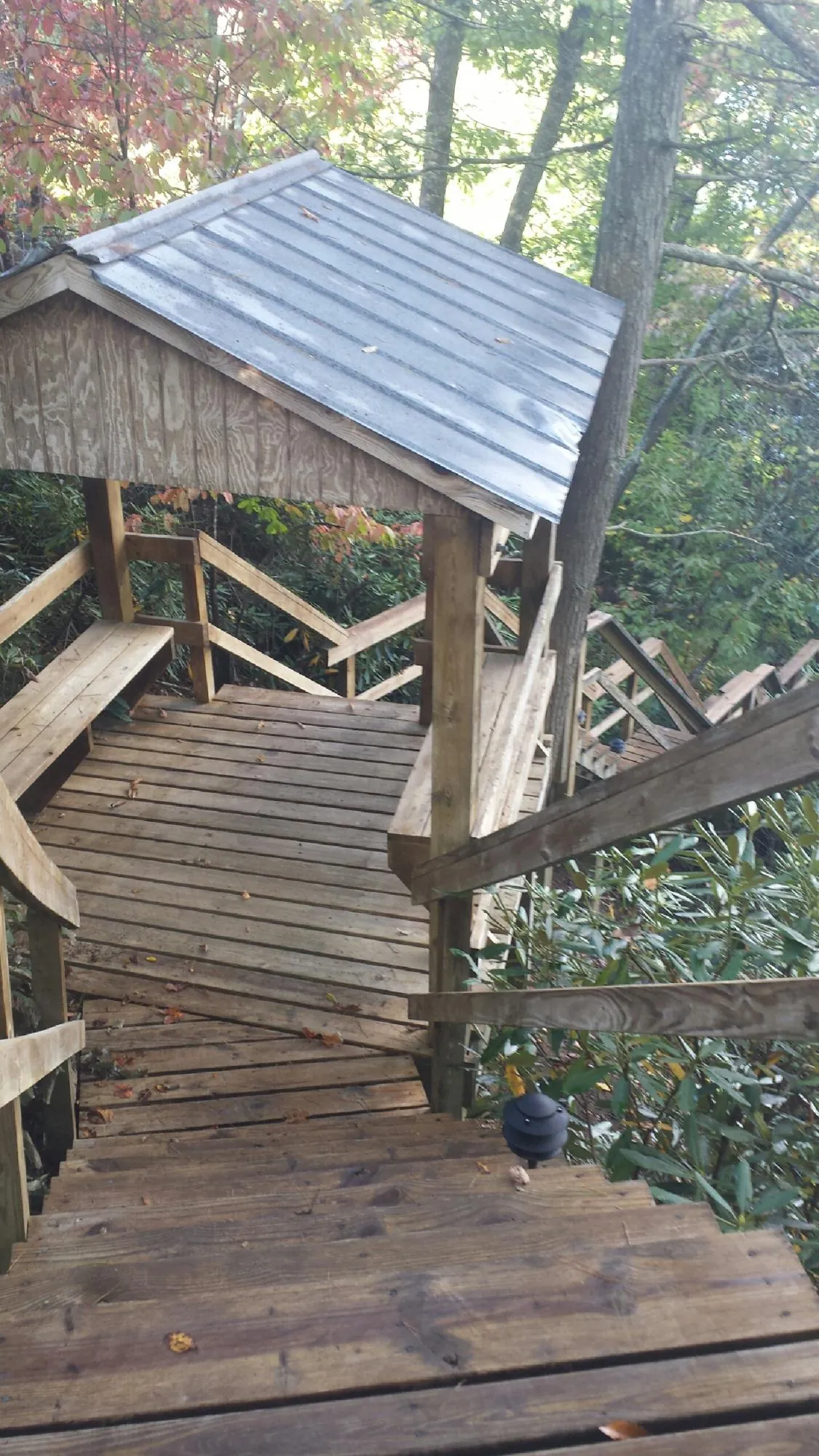 Metal roofed shelter over wooden steps on a wooded walkway — Skylight Repair & Installation work by our crew in Popejoy